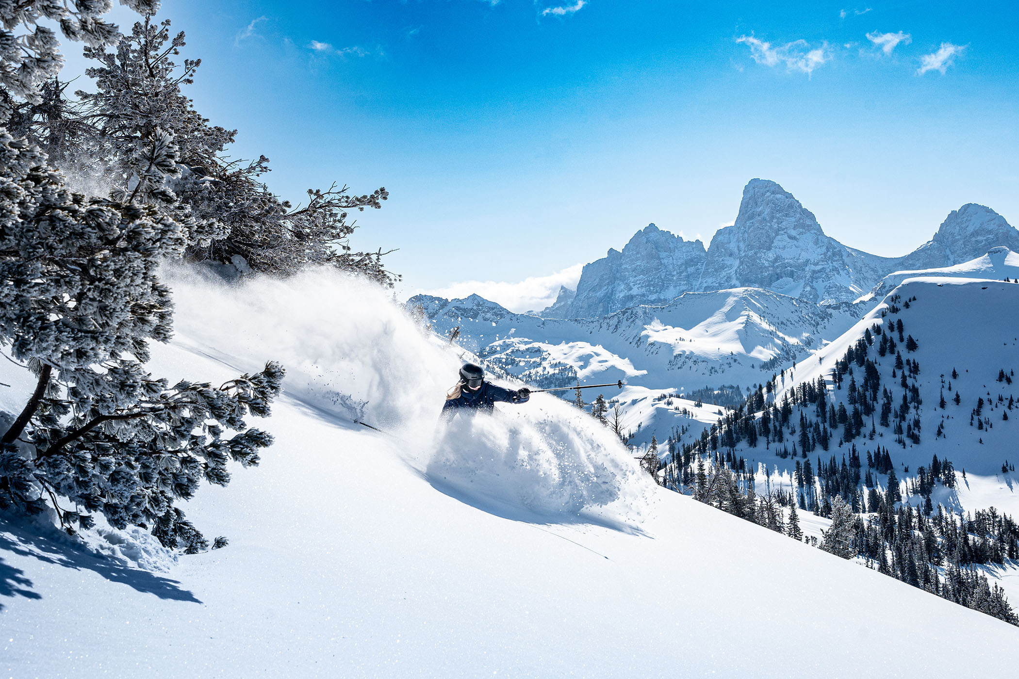 Skier dives into fresh pow at Grand Targhee Resort. 