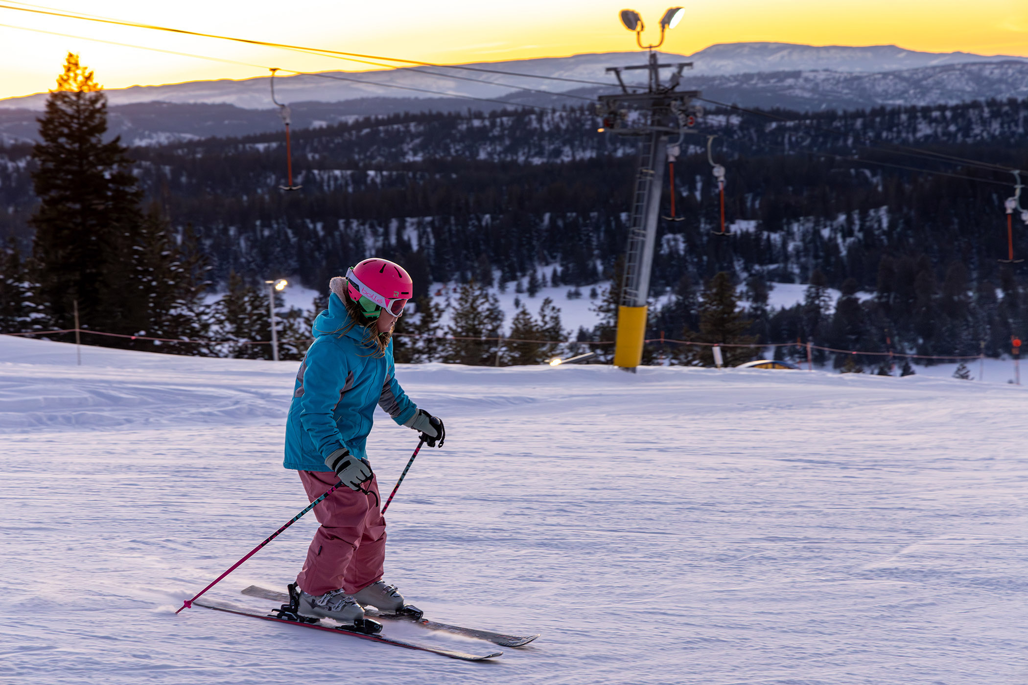 A young skier descends the main run at Little Ski Hill. 