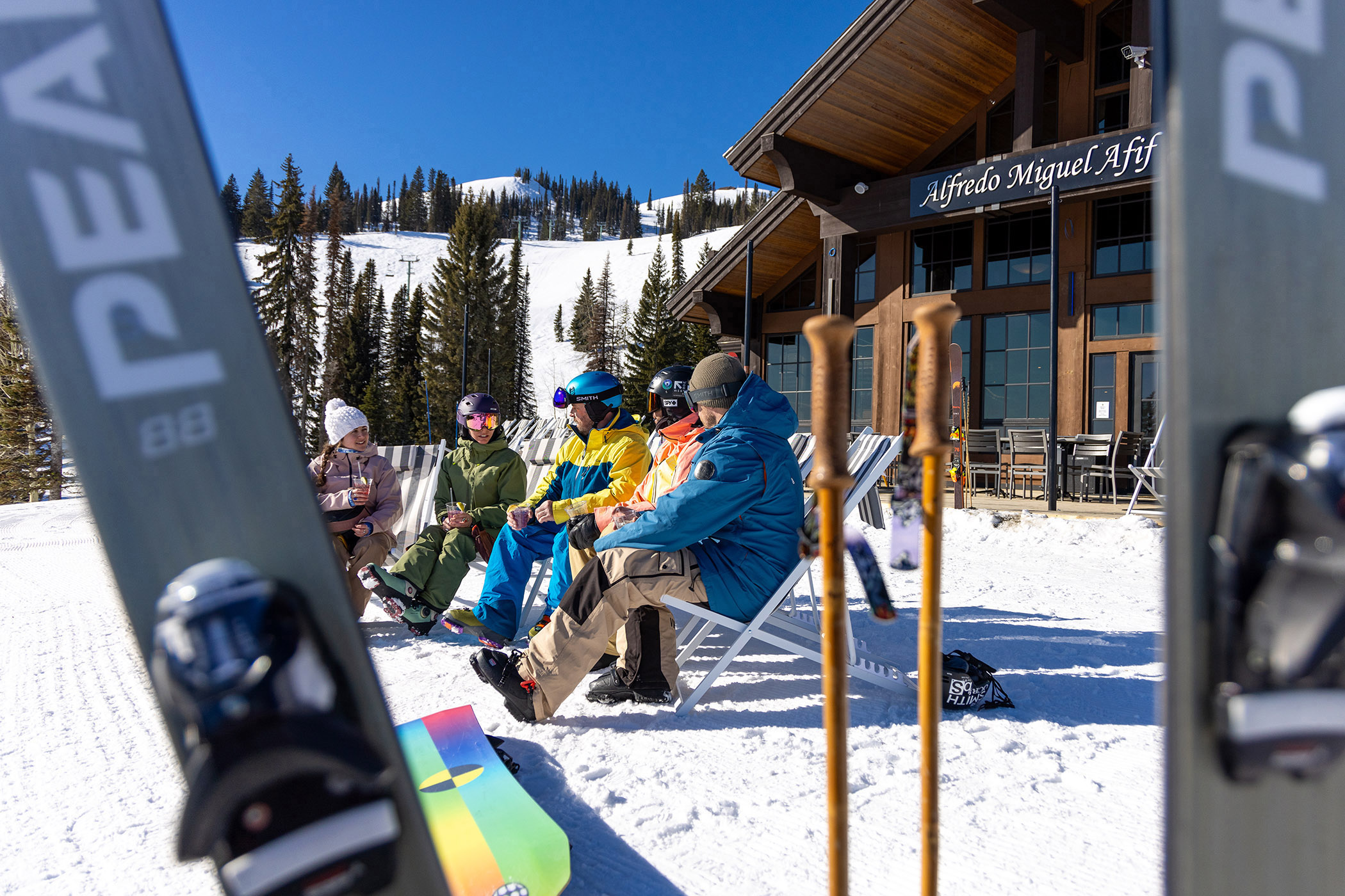 Guests enjoying tamarack resort's mid-mountain lodge. 